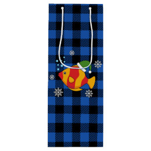 Xmas Tropical Fish Cartoon on Blue Buffalo Pattern Wine Gift Bag