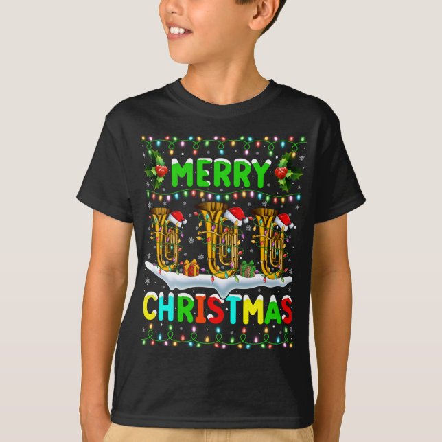 Xmas Tuba Lighting Santa Hat Merry Christmas Tuba T-Shirt (Front)