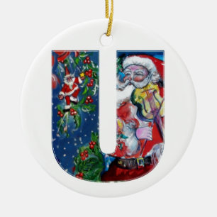 XMAS U LETTER /SANTA  CLAUS WITH VIOLIN MONOGRAM CERAMIC TREE DECORATION
