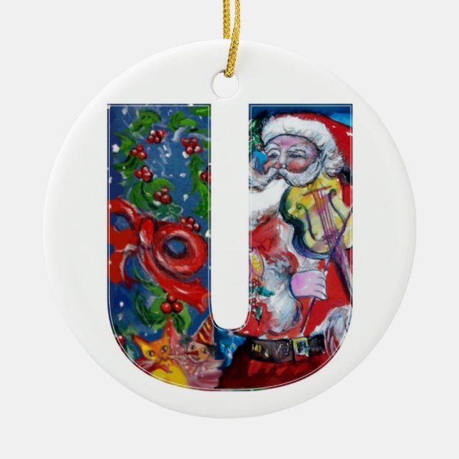 XMAS U LETTER /SANTA  CLAUS WITH VIOLIN MONOGRAM CERAMIC TREE DECORATION (Front)