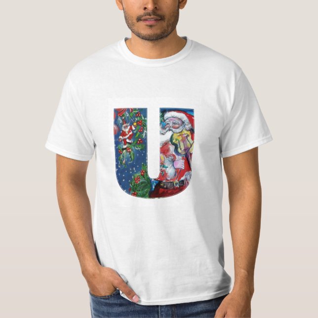 XMAS U LETTER /SANTA  CLAUS WITH VIOLIN MONOGRAM T-Shirt (Front)