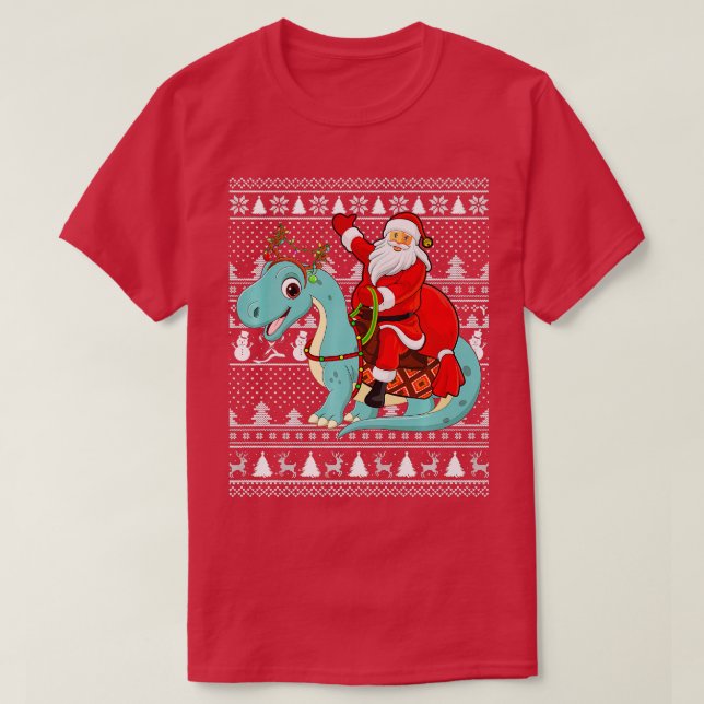 Xmas Ugly Santa Riding Brontosaurus Dinosaur Chris T-Shirt (Design Front)