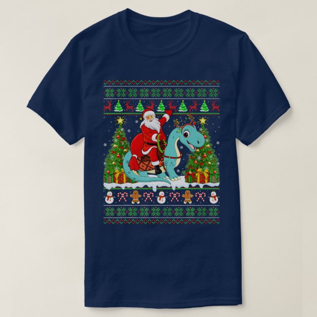 Xmas Ugly Santa Riding Brontosaurus Dinosaur Chris T-Shirt (Design Front)