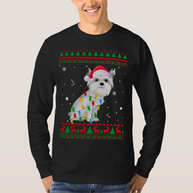 Xmas Ugly Sweater Christmas Lights Maltese Dog Lov (Front)