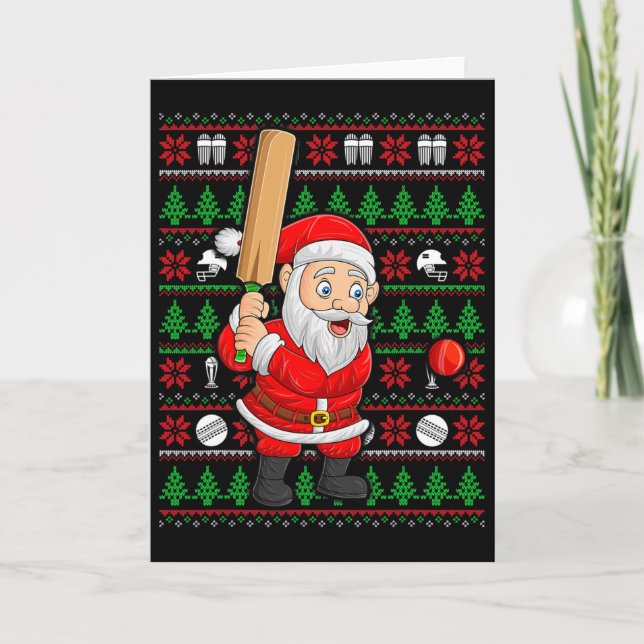 Xmas Ugly Sweater Style Santa Playing Cricket Chri Card (Front)