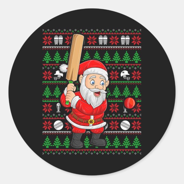 Xmas Ugly Sweater Style Santa Playing Cricket Chri Classic Round Sticker (Front)