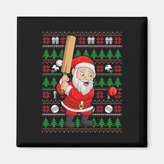 Xmas Ugly Sweater Style Santa Playing Cricket Chri Magnet (Front)