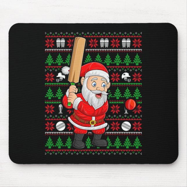 Xmas Ugly Sweater Style Santa Playing Cricket Chri Mouse Mat (Front)