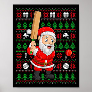Xmas Ugly Sweater Style Santa Playing Cricket Chri Poster