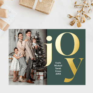 Xmas Vertical Family Photo Names Joy Green Gold  Foil Holiday Card