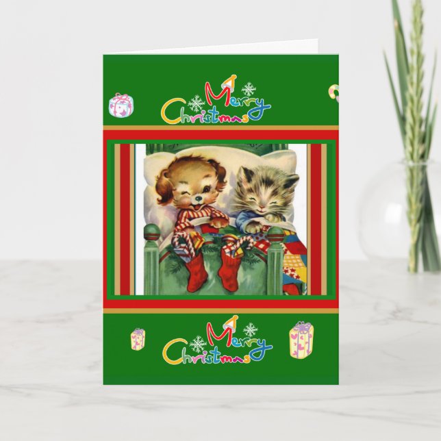 Xmas Vintage Card Merry Christmas Kittens Dog (Front)