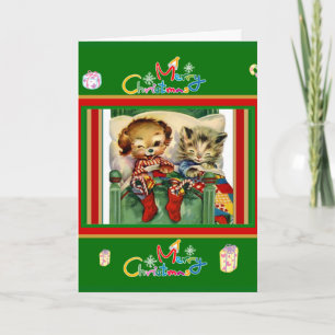 Xmas Vintage Card Merry Christmas Kittens Dog