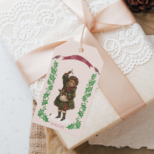 Xmas vintage girl with birds and green Holly  Gift Tags