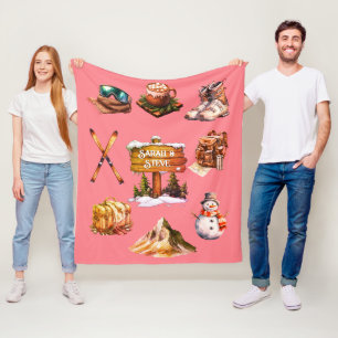 Xmas Vintage Retro Ski Couple Outdoor Blush Pink Fleece Blanket
