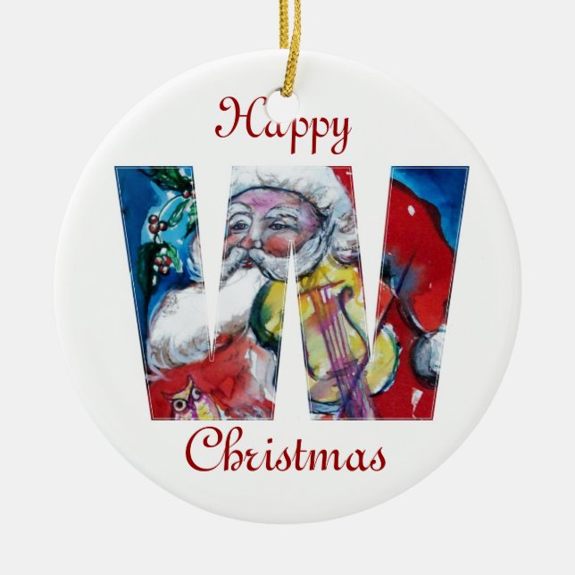 XMAS W LETTER /SANTA  CLAUS WITH VIOLIN MONOGRAM CERAMIC TREE DECORATION (Front)
