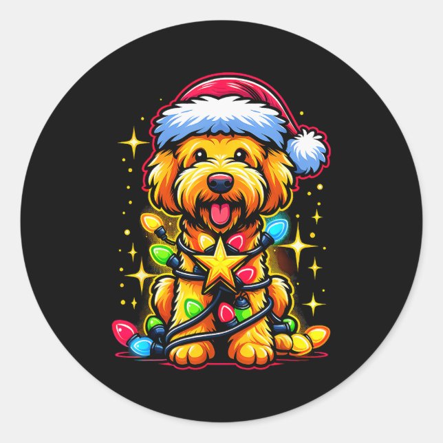 Xmas Whoodle Dog Tangled Christmas Lights For Men  Classic Round Sticker (Front)