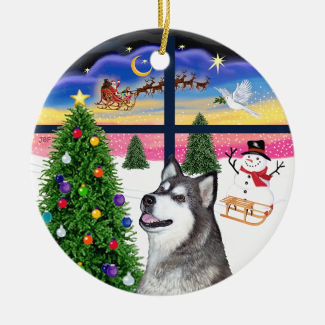Xmas Window - Alaskan Malamute Ceramic Tree Decoration (Front)