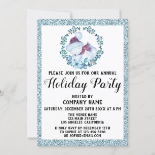 Xmas Wreath Company Holiday Party Blue Glitter Invitation