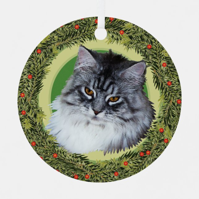 XMas Wreath Maine Coon Cat Metal Tree Decoration (Front)