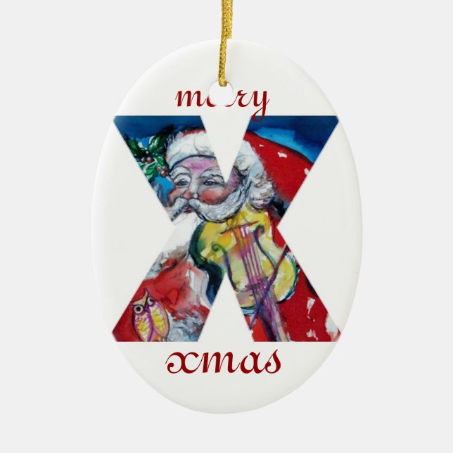 XMAS X LETTER /SANTA  CLAUS WITH VIOLIN MONOGRAM CERAMIC TREE DECORATION (Front)