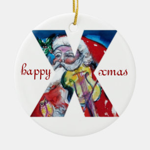 XMAS X LETTER /SANTA  CLAUS WITH VIOLIN MONOGRAM CERAMIC TREE DECORATION