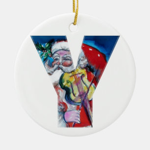 XMAS Y LETTER /SANTA  CLAUS WITH VIOLIN MONOGRAM CERAMIC TREE DECORATION