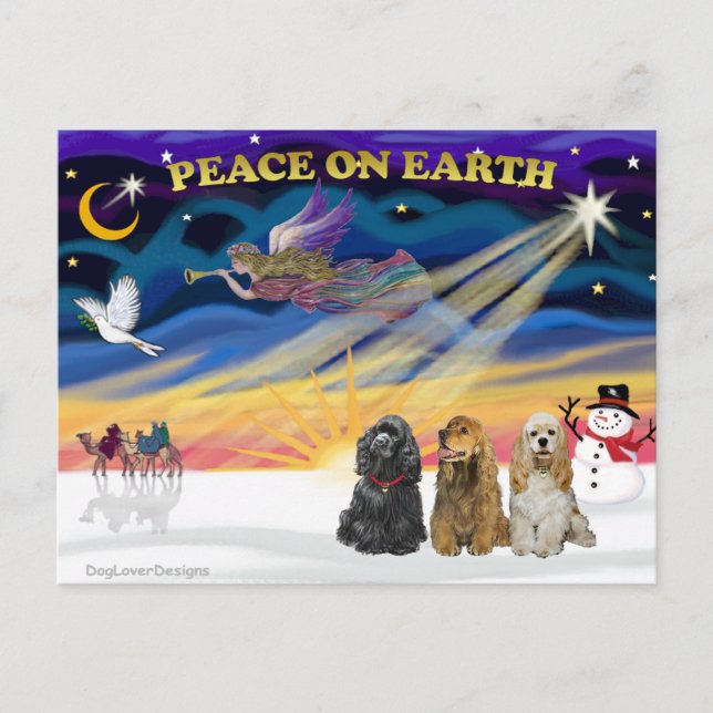 XmasSunrise-Three Cocker Spaniels Holiday Postcard (Front)
