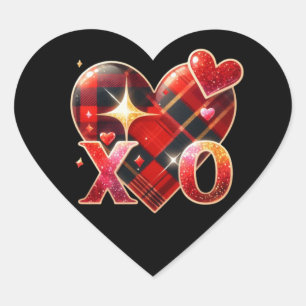XO Heart Love Black Red Plaid Heart Sticker