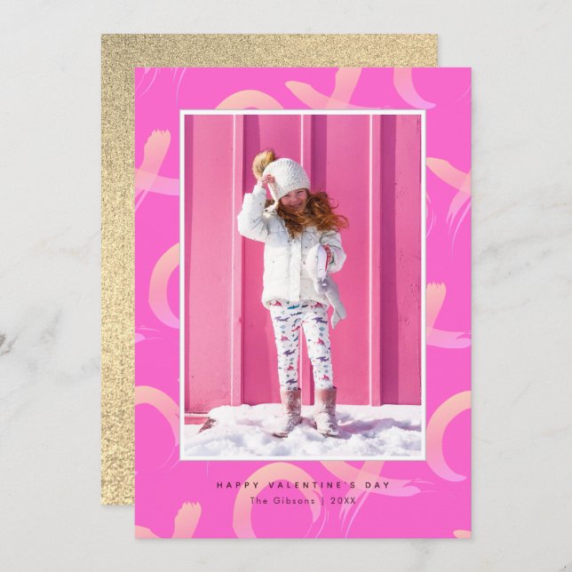 XO Pattern Neon Pink Photo Valentine's Day Card (Front/Back)