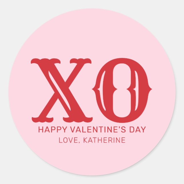 XO pink and red typography cute valentine's Day Classic Round Sticker (Front)