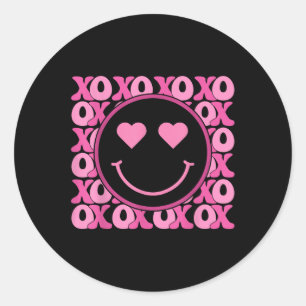 Xo Pink Smile Face Heart Eyes Groovy Heart Valenti Classic Round Sticker