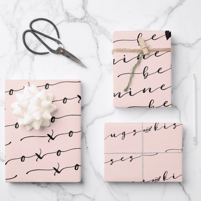 XO XO Be Mine Pink & Black Calligraphy Valentine Wrapping Paper Sheet (Front)