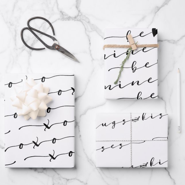 XO XO Be Mine White & Black Calligraphy Valentine Wrapping Paper Sheet (Front)