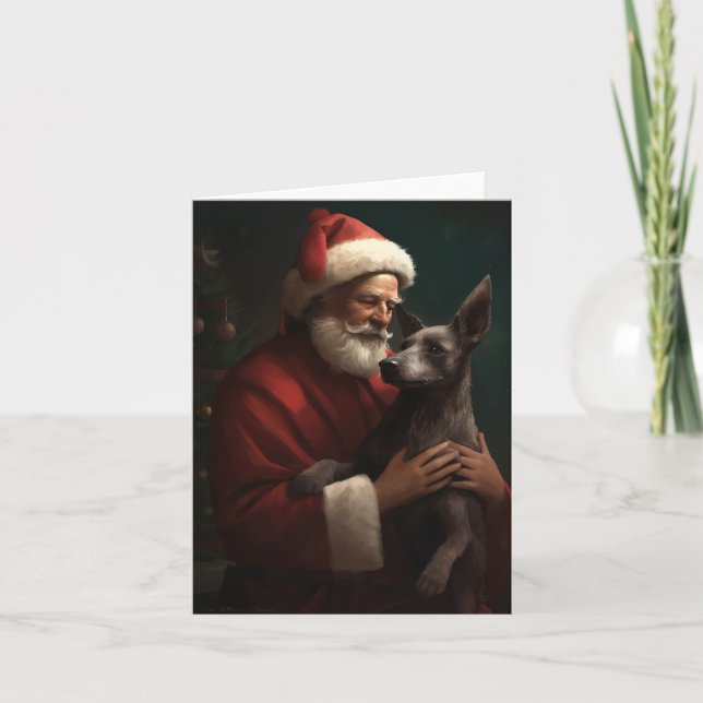 Xoloitzcuintli With Santa Claus Festive Christmas Card (Front)