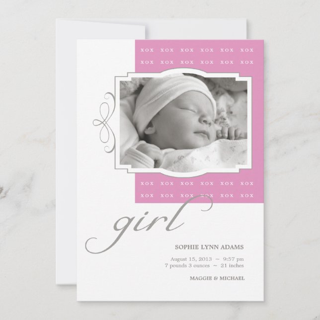 XOX Girl Custom Photo Birth Announcement (Front)