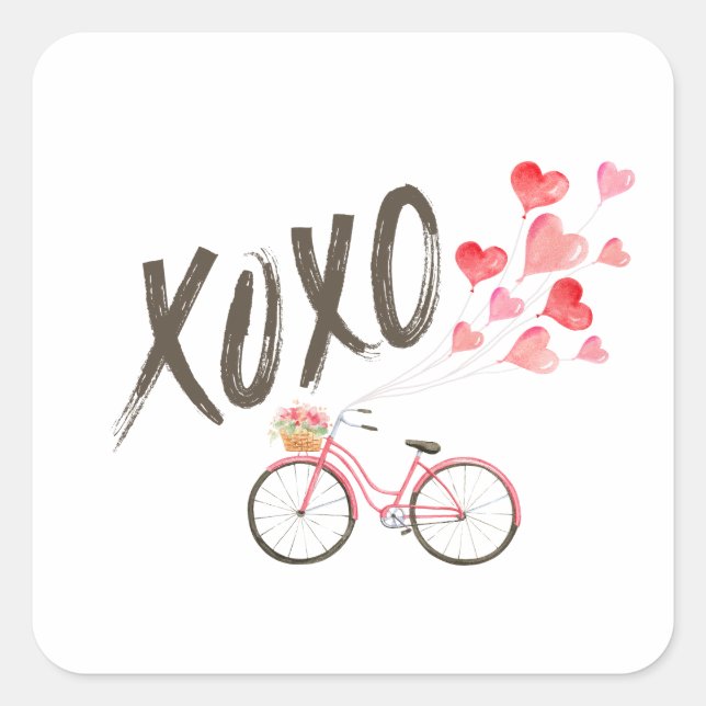 Xoxo bicycle flying balloons. square sticker (Front)