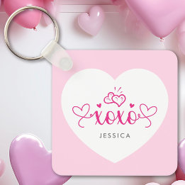 XOXO Custom Text Photo Cute Pink Hearts Key Ring