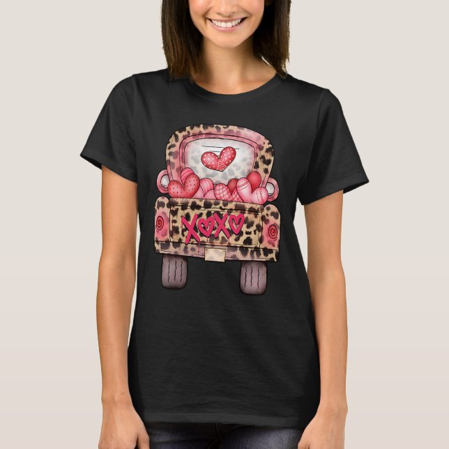 XOXO Cute Pink Heart Leopard Truck Happy Valentine T-Shirt (Front)