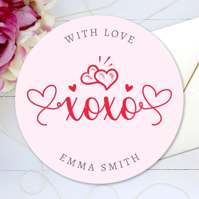 XOXO Elegant Script Hearts Custom Text Classic Round Sticker (Creator Uploaded)