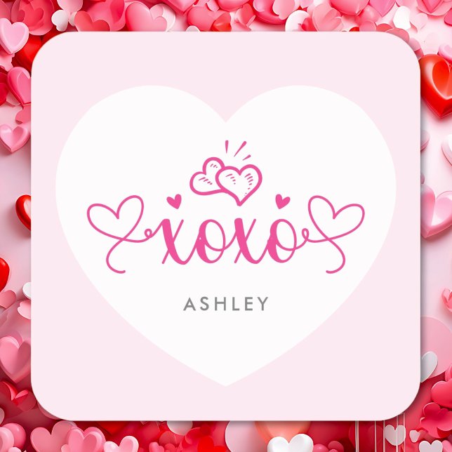 XOXO Elegant Script Pink Hearts Valentines Day Square Sticker (Creator Uploaded)