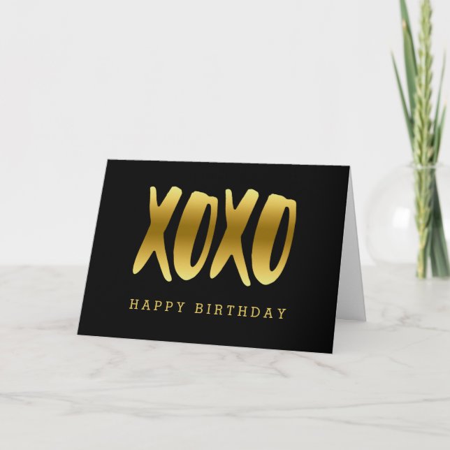 XOXO Faux Gold Happy Birthday Black Greeting Card (Front)