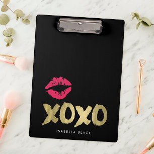 XOXO Faux Gold & Pink Lips Black Clipboard
