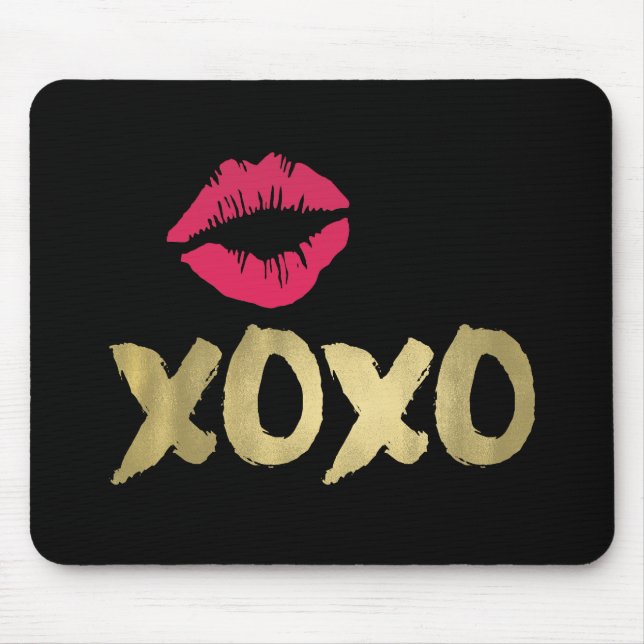 XOXO Faux Gold & Pink Lips | Black Mouse Mat (Front)