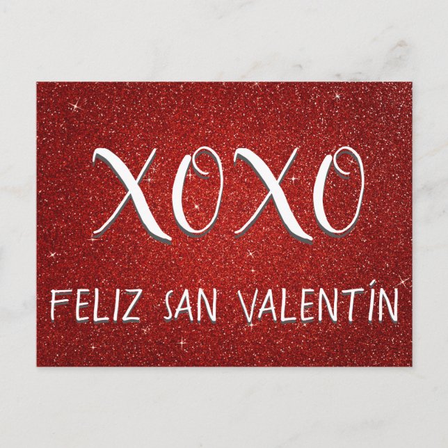 XOXO Feliz San Valentín Red Sparkle and Glitter Postcard (Front)
