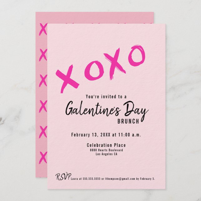 XOXO Galentine’s Day Girls Brunch Pink Modern  Invitation (Front/Back)
