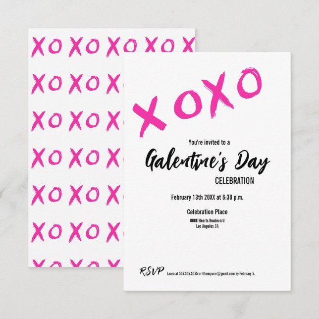 XOXO Galentine's Day PINK WHITE Valentines Party Invitation (Front/Back)