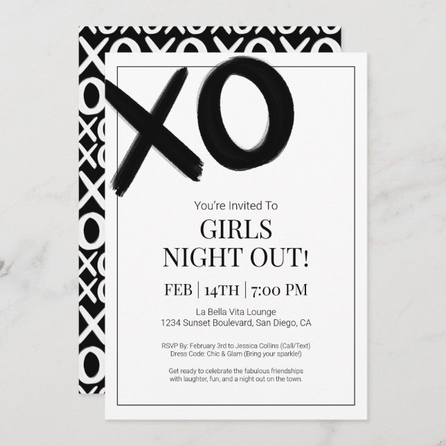 XOXO Girls Night Out Black Bestie Galentine Party Invitation (Front/Back)