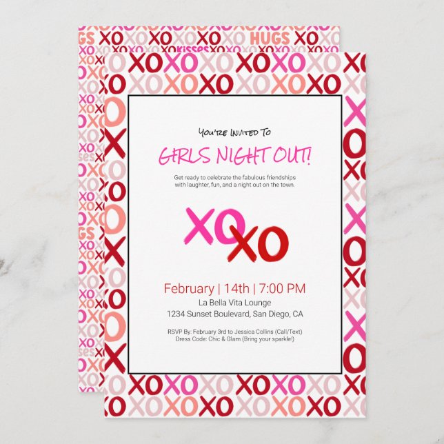 XOXO Girls Night Out Pink Cute Galentine Day Party Invitation (Front/Back)