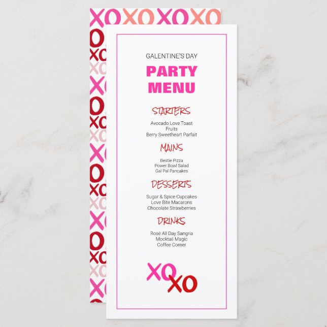XOXO Girls Night Out Pink Galentine's Day Party Menu (Front/Back)