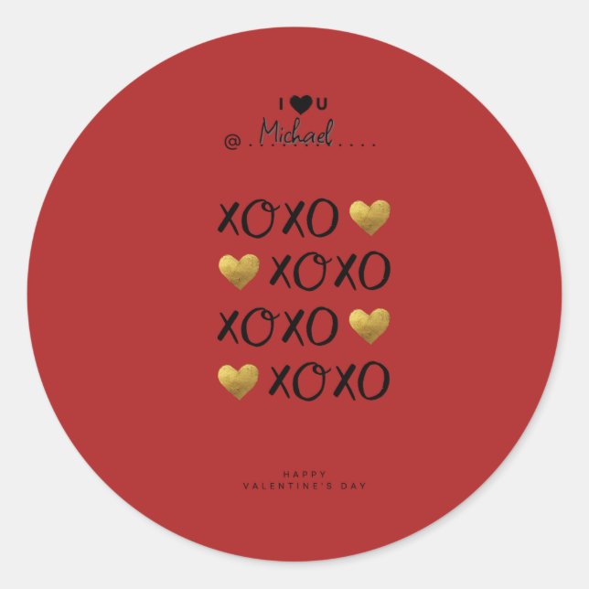  "XOXO" Gold Hearts Happy Valentine's Day Red Classic Round Sticker (Front)